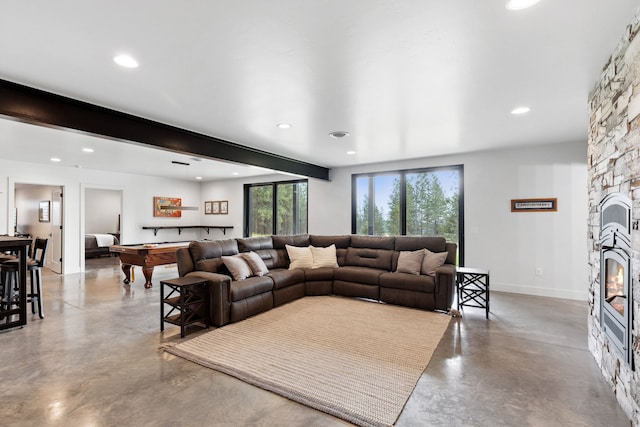 living room with concrete floors, beamed ceiling, billiards, and recessed lighting