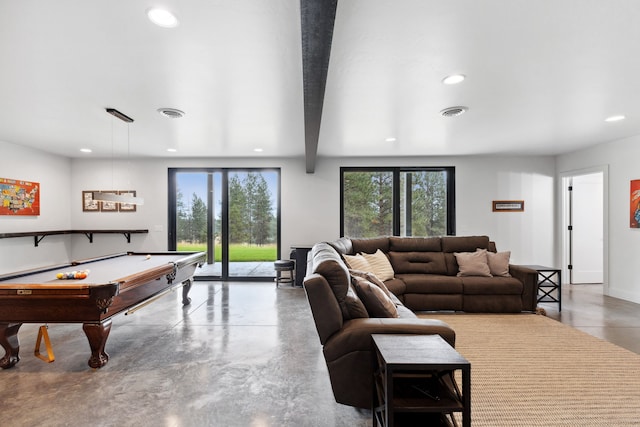 playroom with concrete flooring, beam ceiling, pool table, and recessed lighting