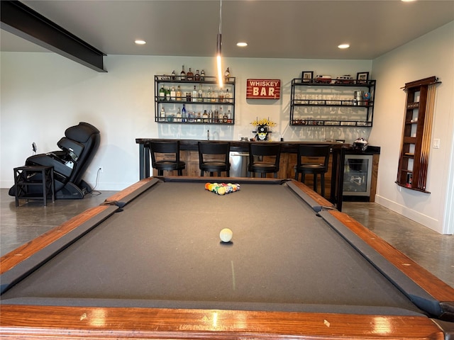 game room with recessed lighting, pool table, baseboards, and indoor wet bar
