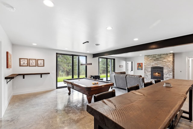 playroom featuring concrete flooring, baseboards, billiards, and recessed lighting