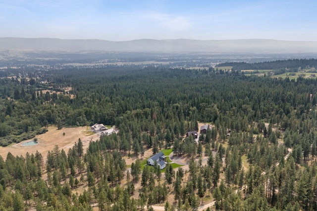 bird's eye view with a forest view and a mountain view
