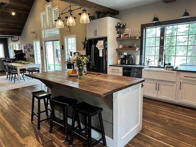 11 High Country Ct, Plains, MT 59859 - kitchen featuring black appliances, butcher block counters, white cabinets, and dark wood finished floors