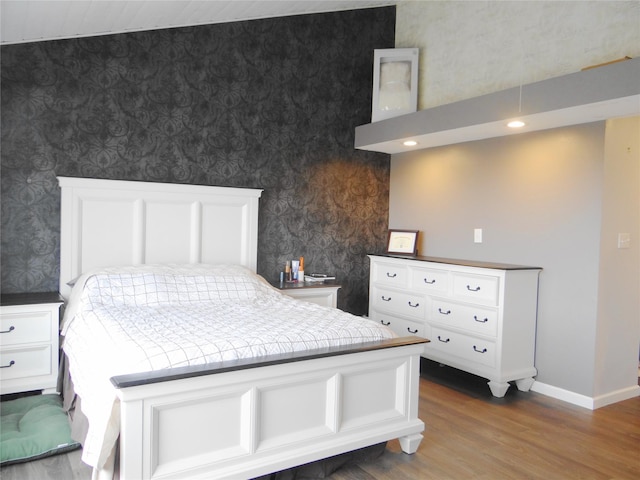 652 Simms Ashuelot Rd, Fort Shaw, MT 59443 - bedroom with recessed lighting, baseboards, wallpapered walls, and wood finished floors
