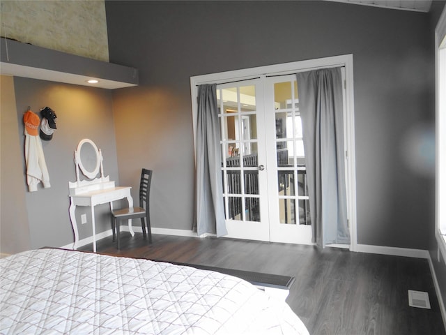 652 Simms Ashuelot Rd, Fort Shaw, MT 59443 - bedroom with baseboards, french doors, a high ceiling, and wood finished floors