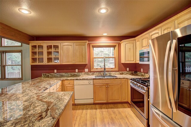 kitchen with light wood-style flooring, light brown cabinetry, stainless steel appliances, and a sink