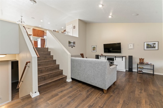 809 49th St N, Great Falls, MT 59405 - living room featuring baseboards, recessed lighting, stairs, and dark wood finished floors