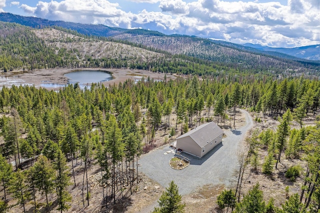 birds eye view of property with a water and mountain view and a view of trees