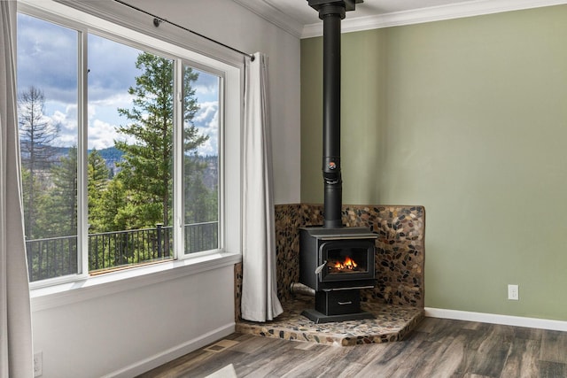 interior details featuring wood finished floors, a wood stove, baseboards, and ornamental molding