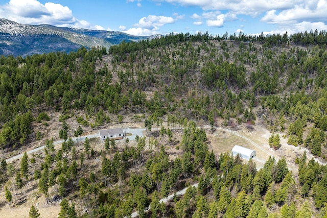 aerial view featuring a mountain view and a view of trees