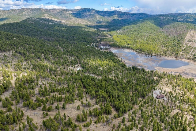 aerial view featuring a view of trees and a water and mountain view