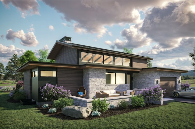 10695 Royal Coachman Dr, Missoula, MT 59808 - view of front facade featuring an attached garage, stone siding, outdoor lounge area, and a front lawn