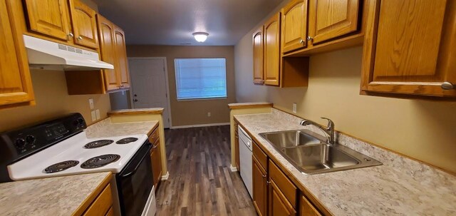 1034 Main St, Corvallis, MT 59828 - kitchen with dark wood-style floors, under cabinet range hood, dishwasher, electric stove, and a sink
