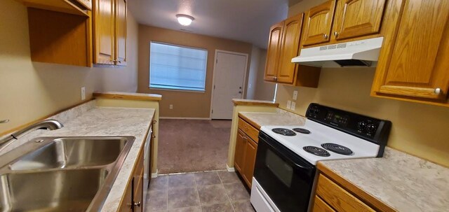 1034 Main St, Corvallis, MT 59828 - kitchen featuring under cabinet range hood, light countertops, a sink, brown cabinetry, and electric range