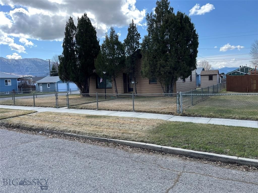 obstructed view of property featuring a mountain view and a fenced front yard