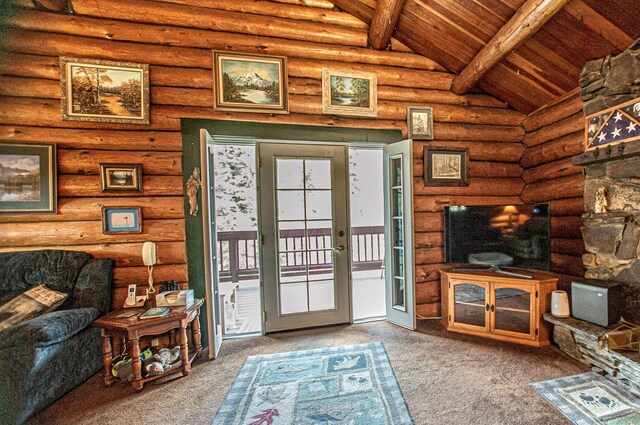 2025 Emmons Canyon Rd, Kila, MT 59920 - living room featuring wood ceiling, carpet floors, and rustic walls