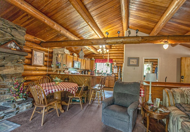 2025 Emmons Canyon Rd, Kila, MT 59920 - dining area featuring rustic walls, wooden ceiling, carpet, plenty of natural light, and a chandelier