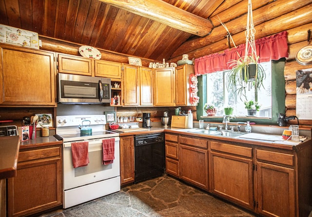 2025 Emmons Canyon Rd, Kila, MT 59920 - kitchen featuring stainless steel microwave, black dishwasher, white electric stove, rustic walls, and a sink