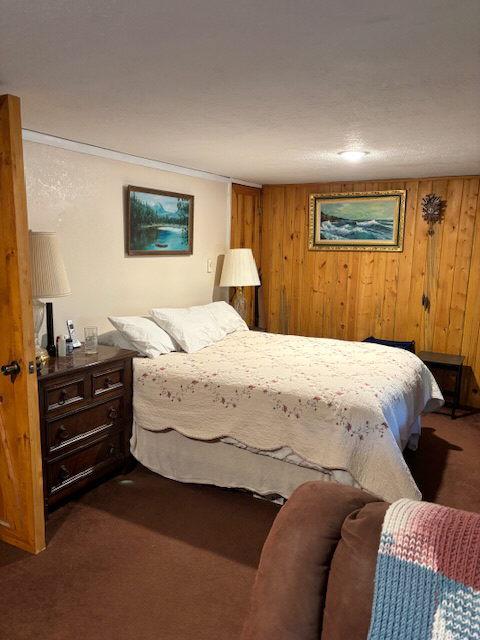 bedroom featuring dark carpet and wood walls