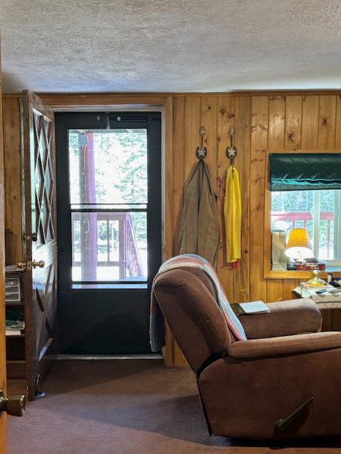 2025 Emmons Canyon Rd, Kila, MT 59920 - sitting room with a textured ceiling, carpet floors, and wood walls