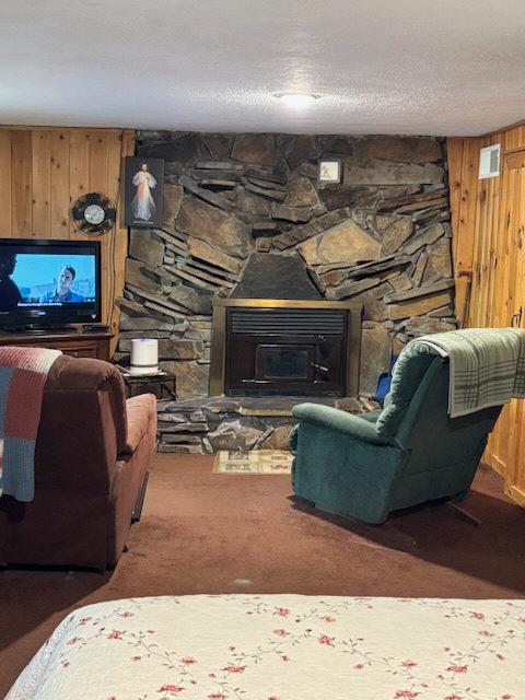 2025 Emmons Canyon Rd, Kila, MT 59920 - living room with wood walls, a textured ceiling, and carpet