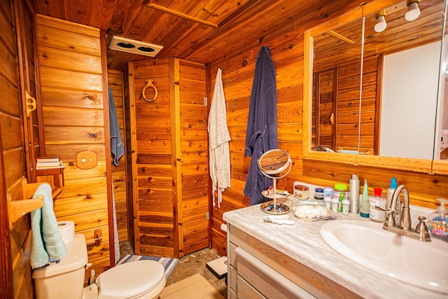 bathroom with wood ceiling, toilet, vanity, and wooden walls