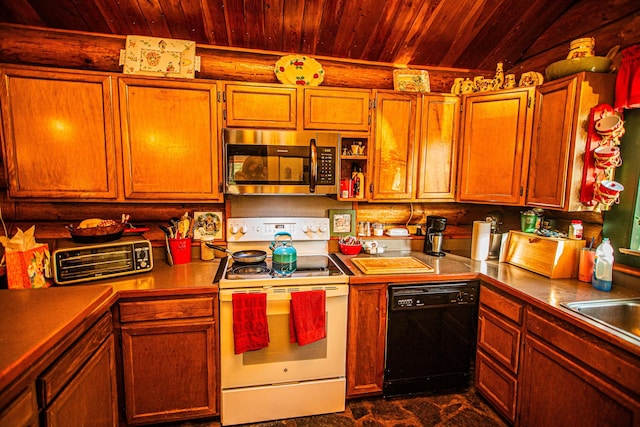 kitchen with wood ceiling, stainless steel microwave, white electric stove, black dishwasher, and log walls