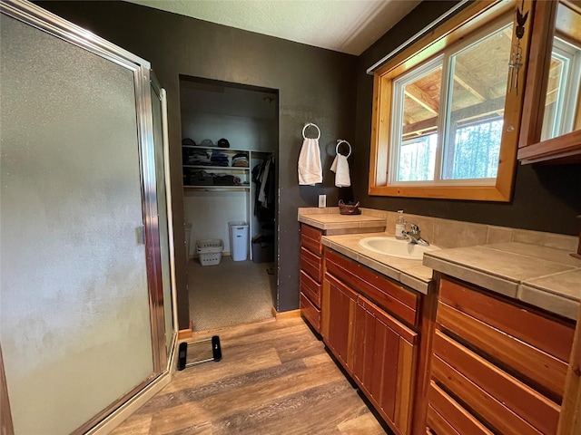 398 Little Beaver Creek Rd, Trout Creek, MT 59874 - full bathroom featuring vanity, wood finished floors, a spacious closet, and a shower stall