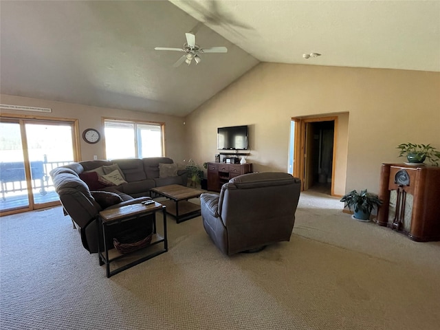 398 Little Beaver Creek Rd, Trout Creek, MT 59874 - living room featuring ceiling fan, high vaulted ceiling, and light colored carpet