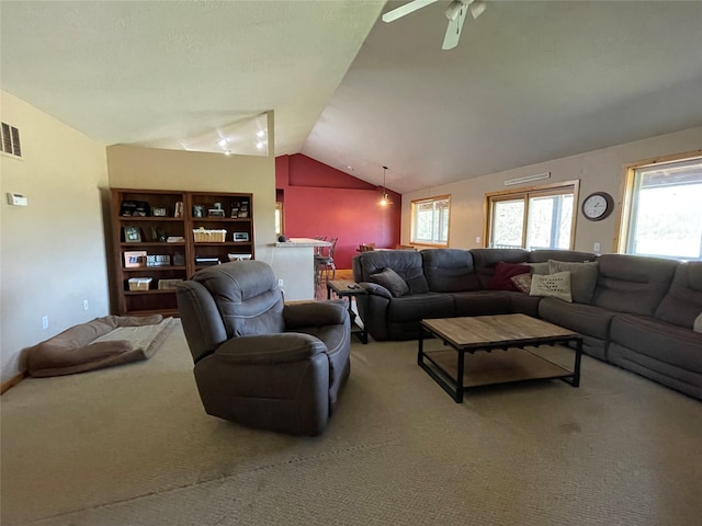 398 Little Beaver Creek Rd, Trout Creek, MT 59874 - living area with vaulted ceiling, visible vents, carpet floors, and ceiling fan