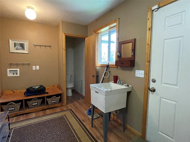 398 Little Beaver Creek Rd, Trout Creek, MT 59874 - clothes washing area with washer hookup, wood finished floors, a textured ceiling, and baseboards