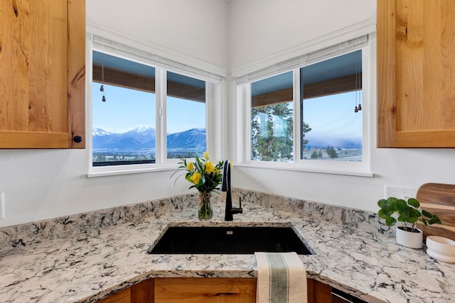 details with a mountain view, light stone countertops, and a sink