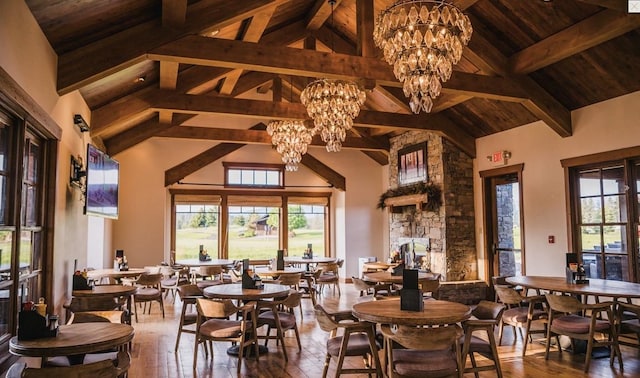 dining space featuring hardwood / wood-style flooring, wooden ceiling, and beam ceiling