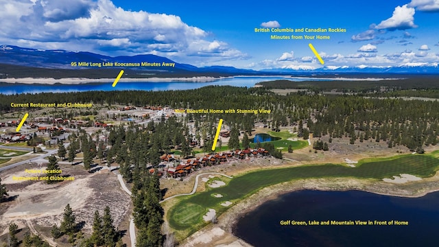 bird's eye view featuring a view of trees, golf course view, and a water and mountain view