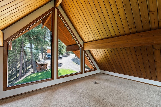 bonus room with vaulted ceiling with beams, carpet floors, and a healthy amount of sunlight