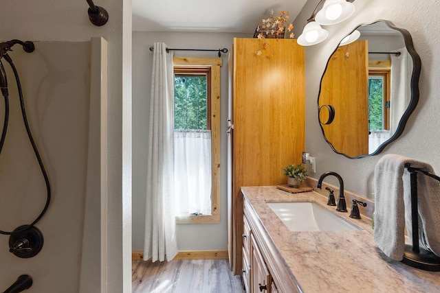 bathroom with baseboards, wood finished floors, and vanity
