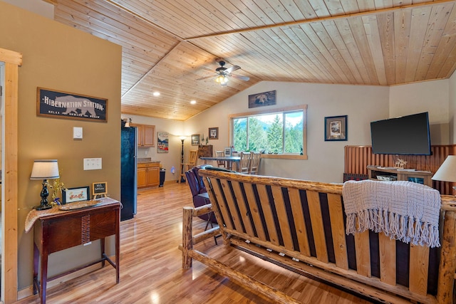 living area featuring wood ceiling, ceiling fan, vaulted ceiling, and light wood-type flooring