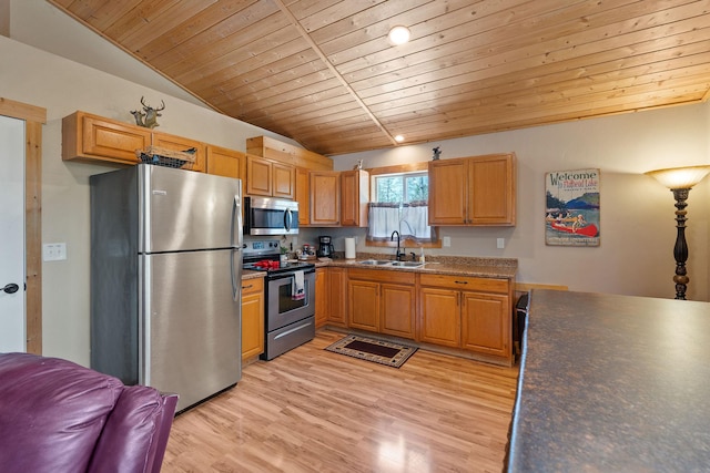 kitchen with lofted ceiling, stainless steel appliances, a sink, wood ceiling, and light wood-style flooring