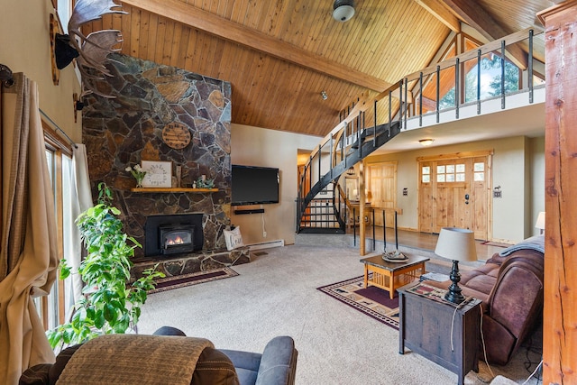 living area with stairs, carpet flooring, high vaulted ceiling, and wooden ceiling