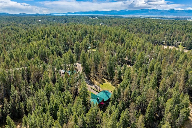 birds eye view of property with a forest view and a mountain view