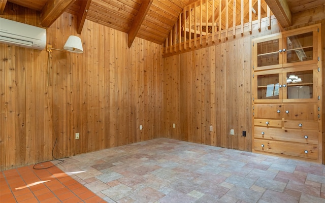 1298 E Mountain Meadow Rd, Kalispell, MT 59901 - unfurnished room featuring an AC wall unit, wooden ceiling, stone finish floors, and wood walls