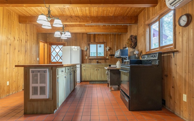 1298 E Mountain Meadow Rd, Kalispell, MT 59901 - kitchen with electric range, wood walls, a wood ceiling with exposed beams, plenty of natural light, and a chandelier