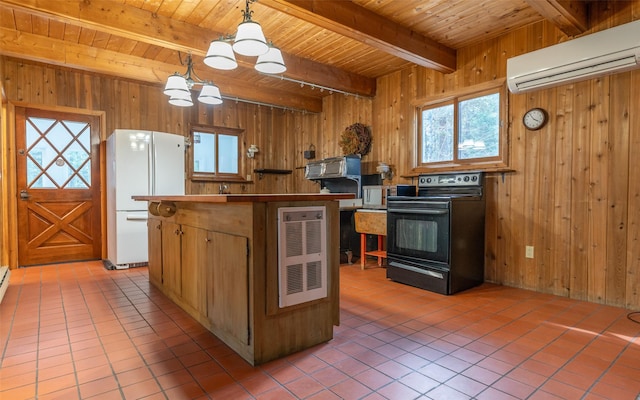 1298 E Mountain Meadow Rd, Kalispell, MT 59901 - kitchen featuring black range with electric cooktop, a wood ceiling with exposed beams, freestanding refrigerator, wooden walls, and a wall mounted air conditioner