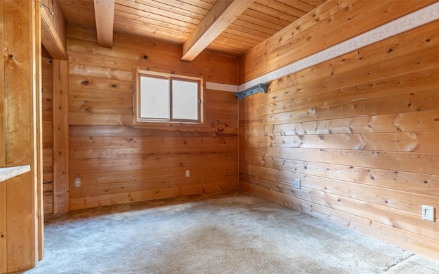 1298 E Mountain Meadow Rd, Kalispell, MT 59901 - carpeted empty room featuring a wooden ceiling with exposed beams and wood walls
