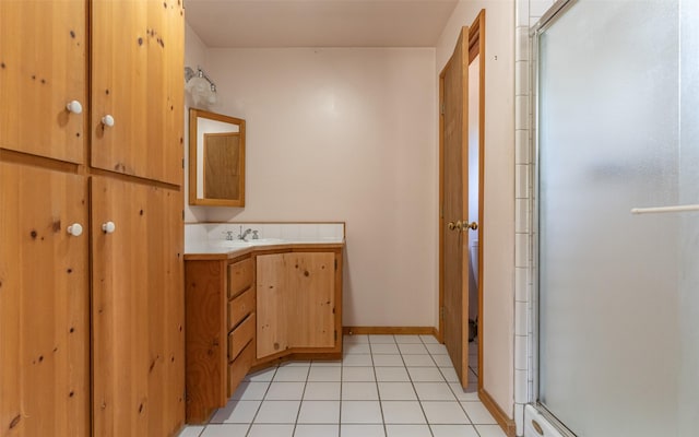 1298 E Mountain Meadow Rd, Kalispell, MT 59901 - full bath featuring a stall shower, vanity, and tile patterned flooring