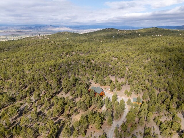 birds eye view of property featuring a mountain view and a forest view