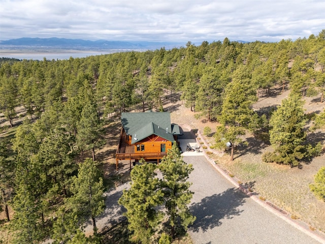 bird's eye view featuring a water and mountain view and a wooded view