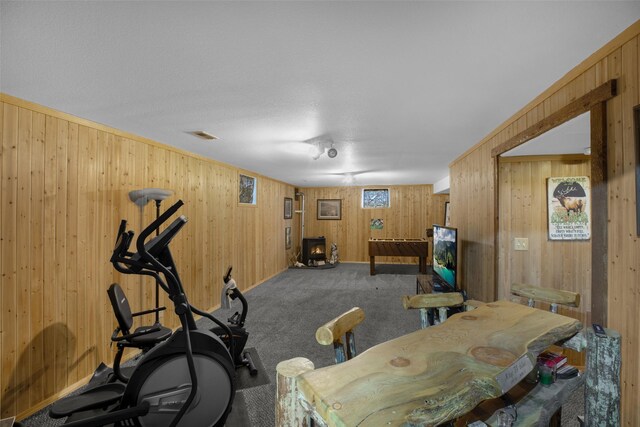 3404 Jasper Rd, Great Falls, MT 59404 - workout room featuring a wood stove, wood walls, and carpet floors
