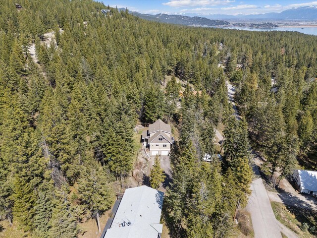 bird's eye view with a mountain view and a view of trees