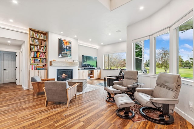 14 Buffalo Hill Cir, Kalispell, MT 59901 - living room featuring light wood-type flooring, recessed lighting, a glass covered fireplace, and baseboards