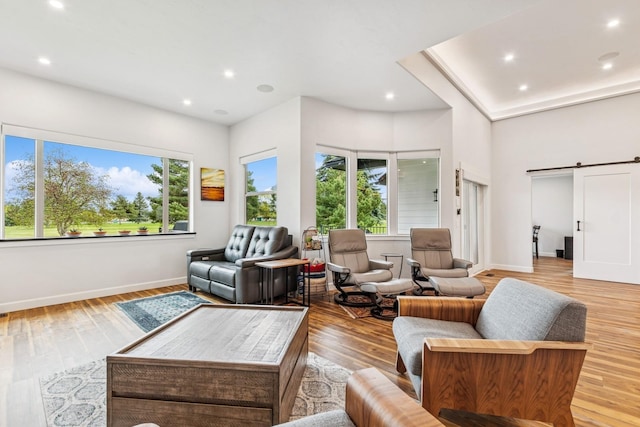 14 Buffalo Hill Cir, Kalispell, MT 59901 - living room featuring a barn door, baseboards, light wood finished floors, and recessed lighting